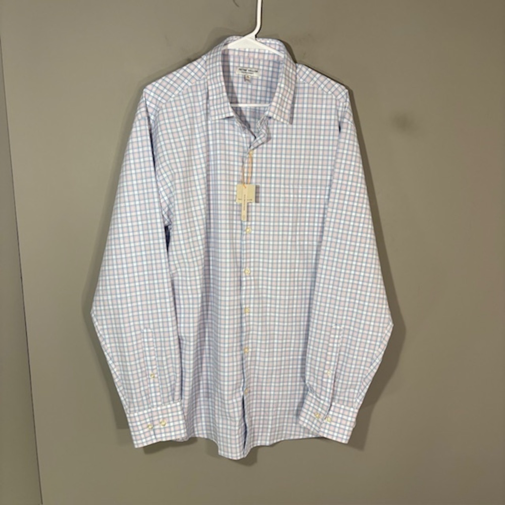 Peter Millar Shirt Mens XL Blue Pink Plaid Long Sleeve Button Up Summer Comfort